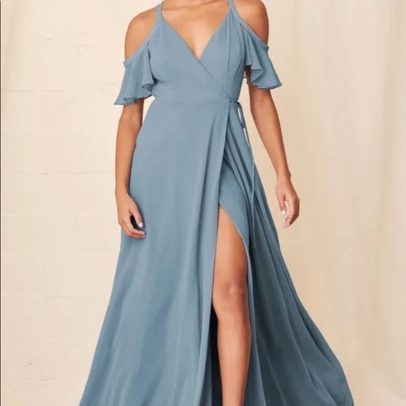 Lulu’s Easy Listening Slate Blue Cold Shoulder Maxi Dress Size Large - Picture 7 of 9